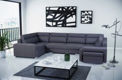 Szary duży narożnik U z barkiem z pufą i z bardzo dużą powierzchnią spania