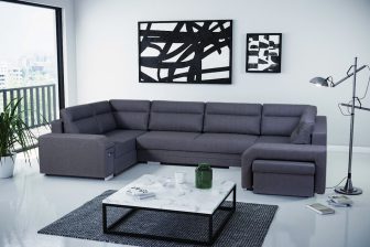 Szary duży narożnik U z barkiem z pufą i z bardzo dużą powierzchnią spania