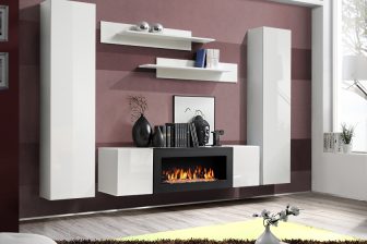 Biokominek pod telewizorem - meblościanka podwieszana z kominkiem FAIRER 1