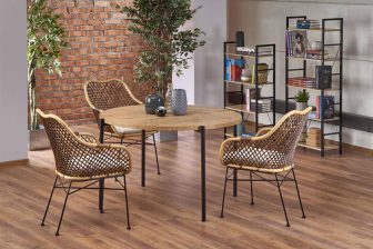 Stół okrągły industrialny dąb złoty z czarnymi nogami