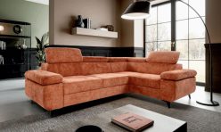 Miodowy narożnik do salonu z zagłówkami z funkcją spania