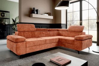 Miodowy narożnik do salonu z zagłówkami z funkcją spania