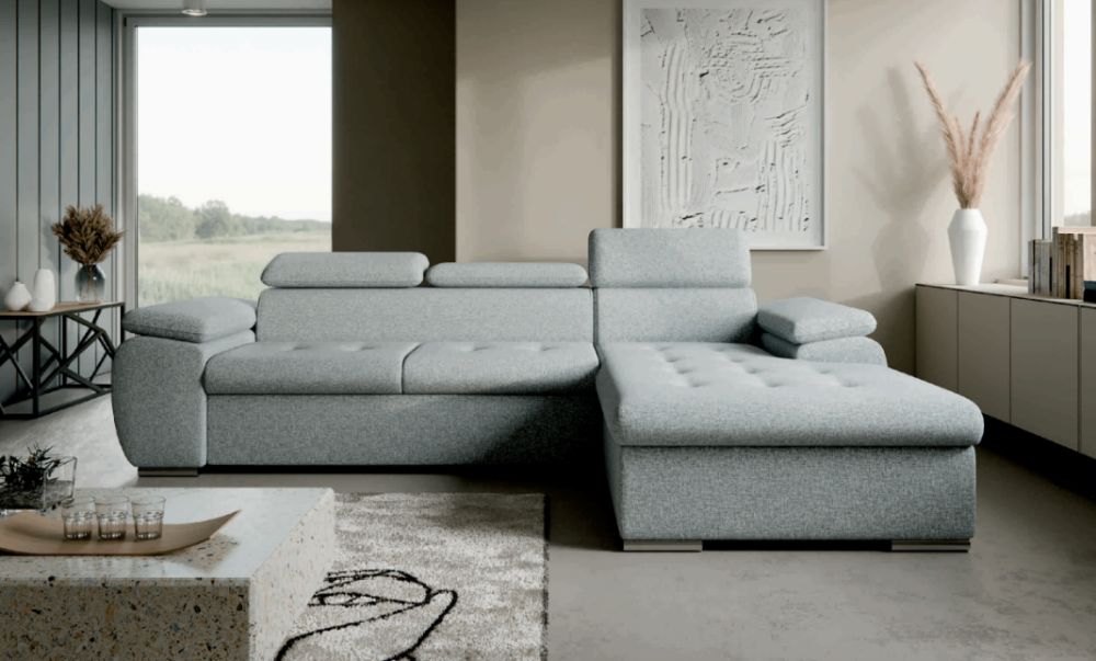 Szara kanapa narożna z zagłówkami