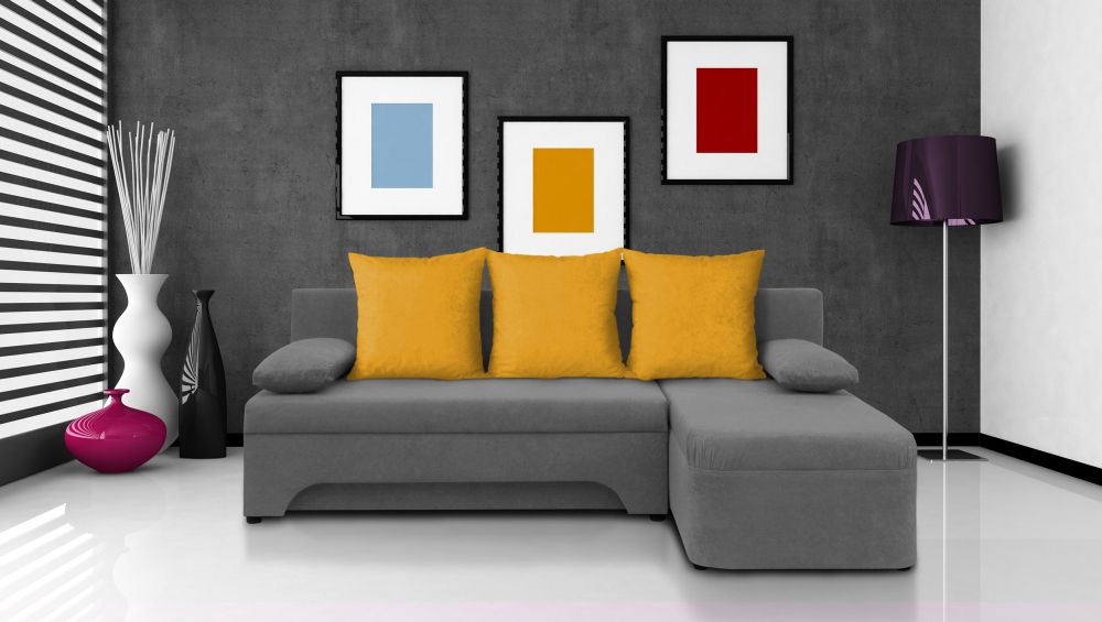 Narożnik młodzieżowy rozkładany z kolorowymi poduszkami