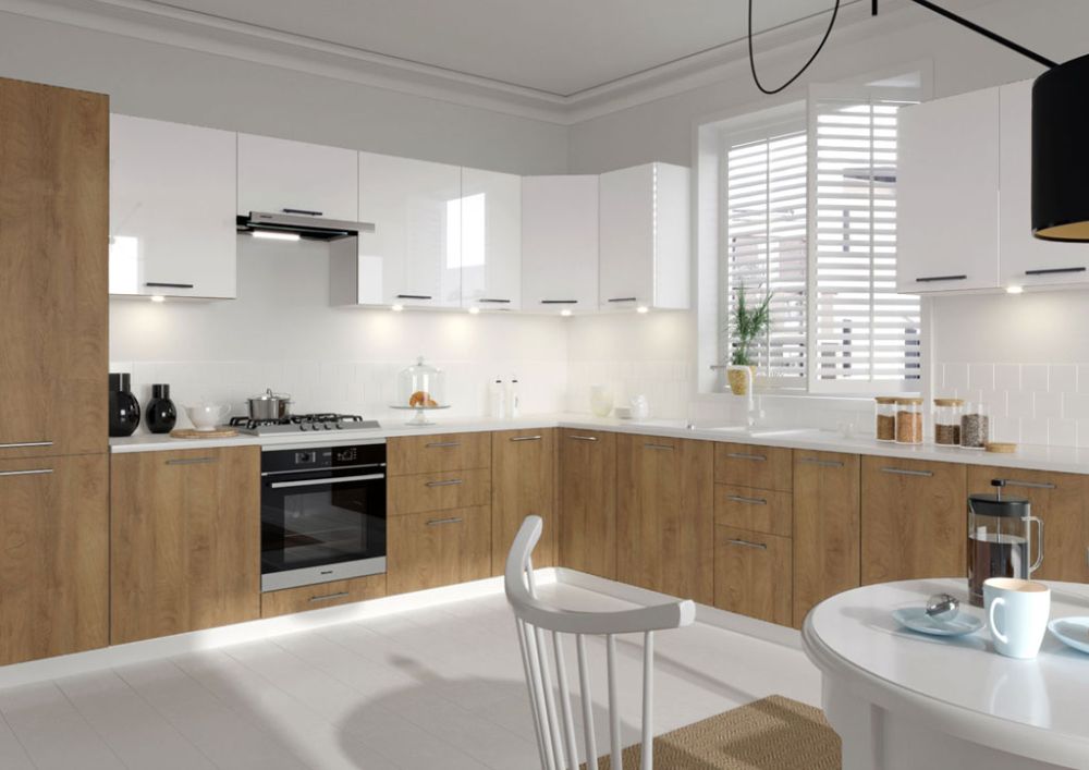 Duża kuchnia narożna biały połysk z drewnem