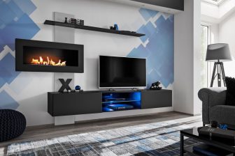 Czarna meblościanka z kominkiem lub antracyt biokominek wiszący FIRE