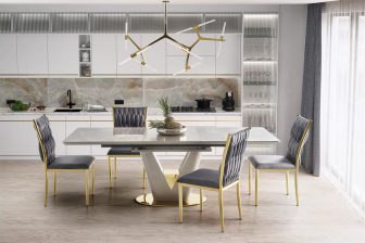 Ekskluzywny stół do salonu rozkładany jasny popiel połysk złoty 10 osobowy