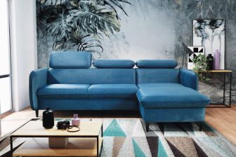 Wąski narożnik do salonu z zagłówkami i z funkcją spania