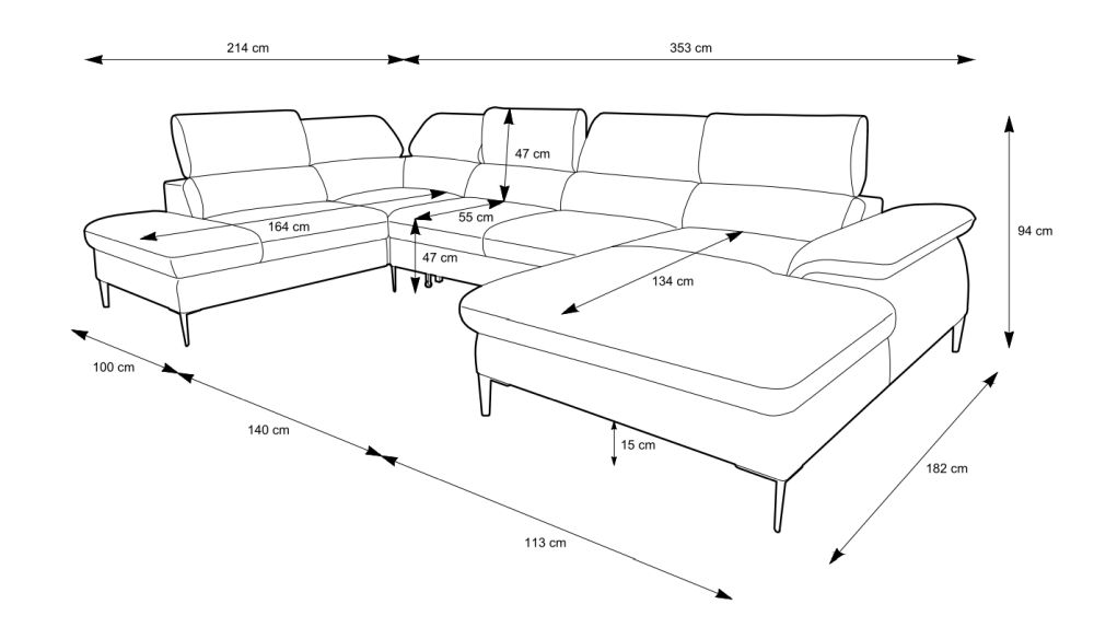 Ogromna kanapa rogowa z podnoszonymi zagłówkami PREVIO U 9