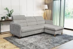 Narożnik szary z funkcja spania z wąskimi bokami na drewnianych nogach