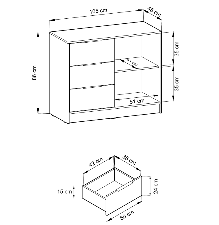 Komoda z lamelami 3 szuflady z drzwiami 105cm NOLA 1D3SZ różne kolory 8