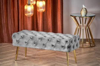 Cudna ławka pufa glamour ze złotymi nogami ATHE - piękne tkaniny do wyboru