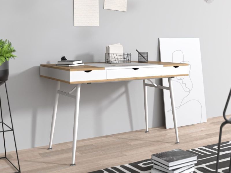 Biurko skandynawskie z szufladami na metalowych białych nogach