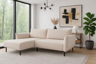 Beżowy narożnik z wąskimi bokami do spania codziennego