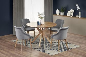 Stół dębowy okrągły z czterema szarymi krzesłami