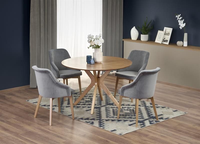 Stół dębowy okrągły z czterema szarymi krzesłami
