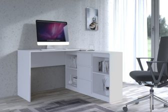 Białe narożne biurko z półkami
