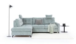 Jasna kanapa narożna z regulowanymi oparciami z funkcja spania codziennego