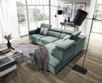 Miętowy narożnik z funkcja spania z oparciem z obu stron