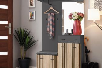 Nowoczesna garderoba do przedpokoju z lamelami z wieszakiem i z lustrem