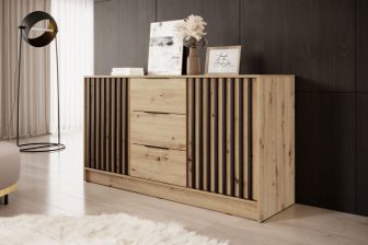 Lamelowa komoda na korytarz z szafkami i szufladami