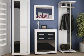 Nowoczesna garderoba do przedpokoju biała z frontami czarny połysk