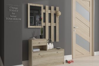 Siedzisko do przedpokoju z szafką na buty i z panelem wieszakowym