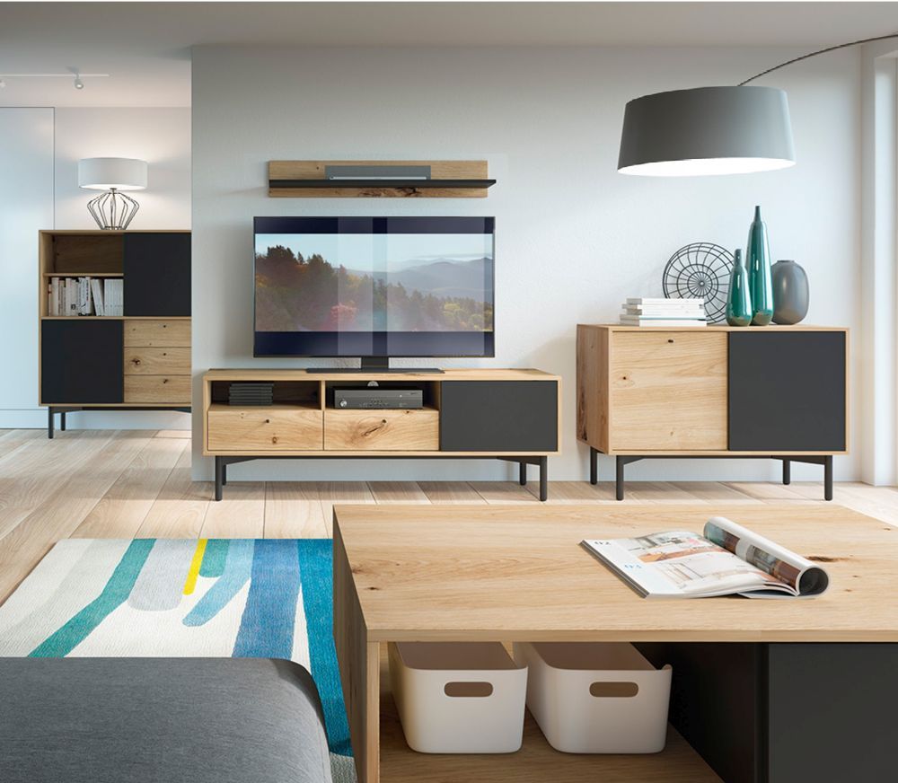 Meblościanka PRLS szara z drewnem na wysokich nogach