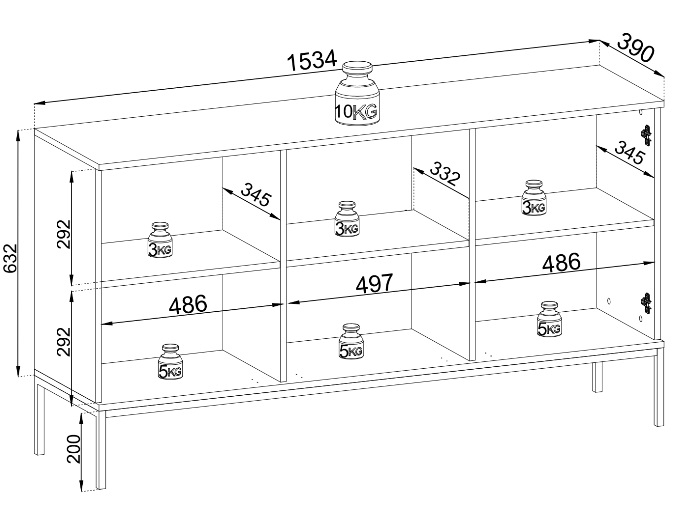 Komoda z półkami i szybą hartowaną ENRICO 3D - wymiary. 