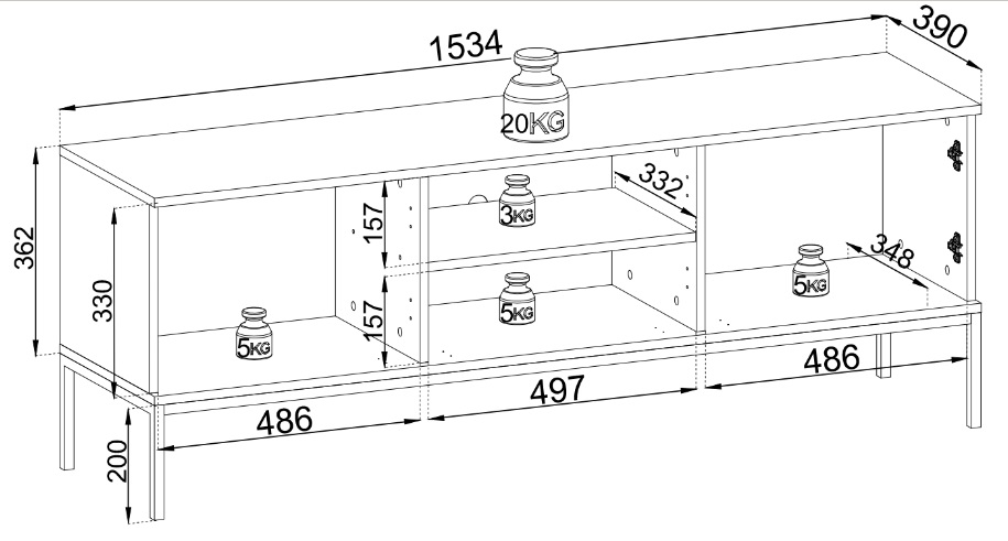 Szafka RTV z szybą pod telewizor ENRICO - wymiary. 
