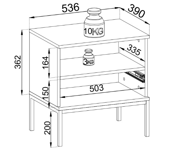 Szafka nocna z podświetleniem ENRICO - wymiary techniczne. 