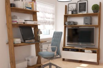 Designerska meblościanka młodzieżowa z biurkiem i otwartymi półkami