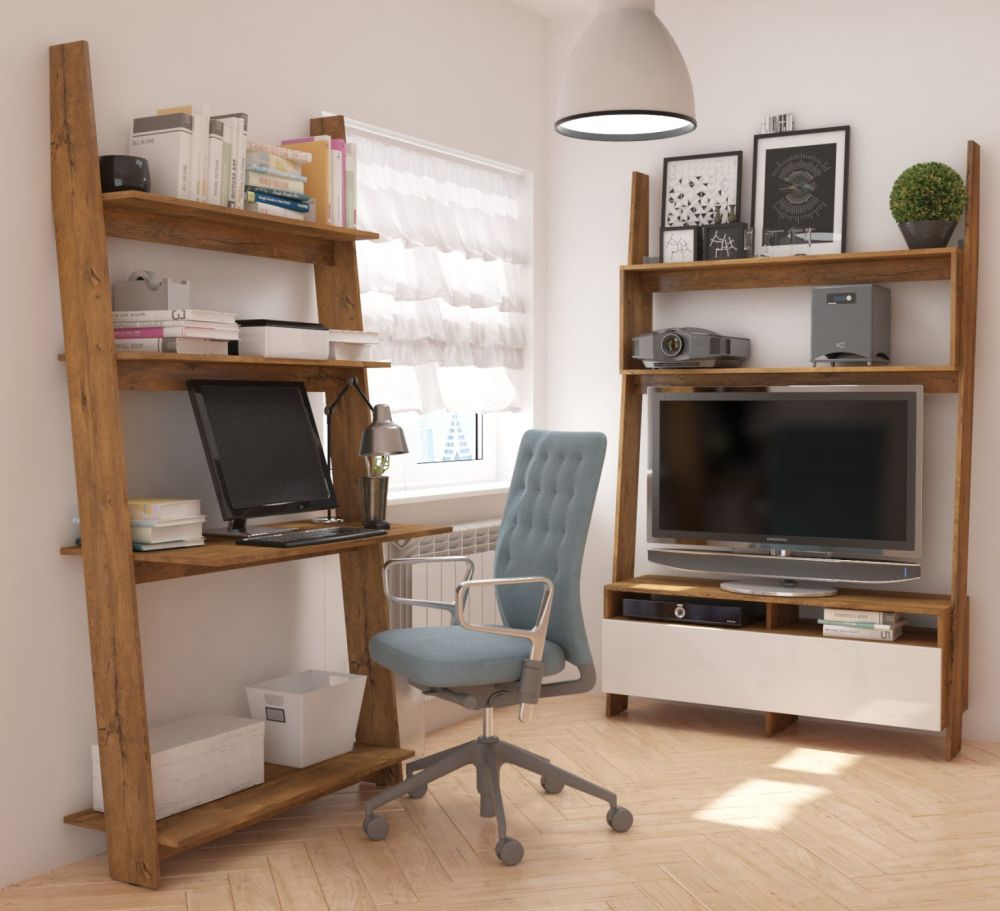Designerska meblościanka młodzieżowa z biurkiem i otwartymi półkami