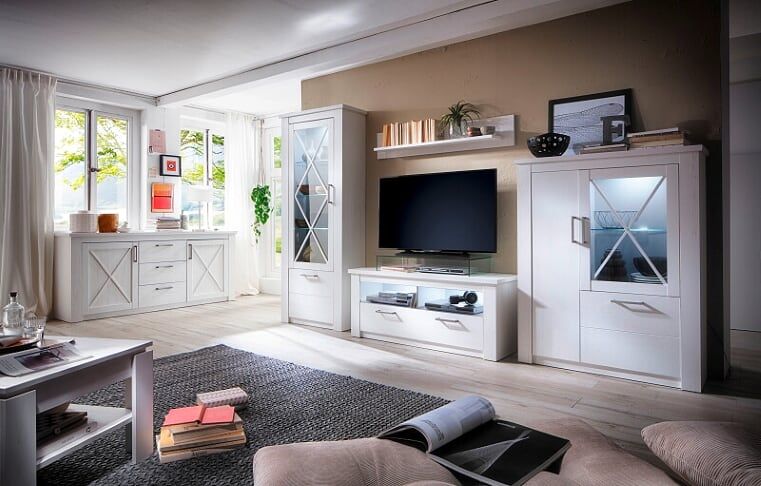 Angielska biała meblościanka klasyczna z dużą witryną i z komodą