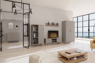 Szara nowoczesna meblościanka do salonu z szafą odzieżową