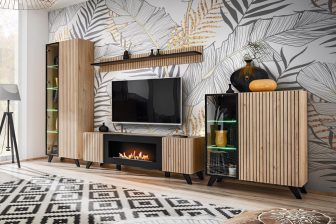 Nowoczesna meblościanka do salonu z lamelami i z biokominkiem