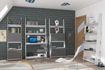 Nowoczesna meblościanka biało szara z otwartymi półkami