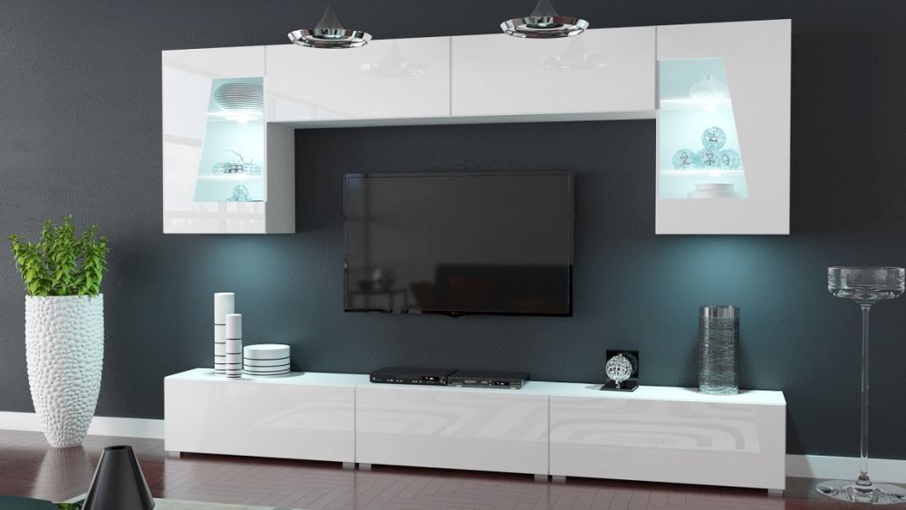 Biała połysk meblościanka glamour z długą szafką TV