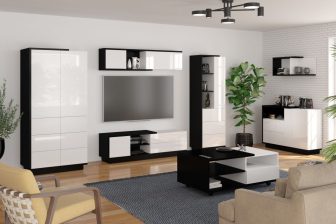 Klasyczna meblościanka połysk z dużą szafą i witryną