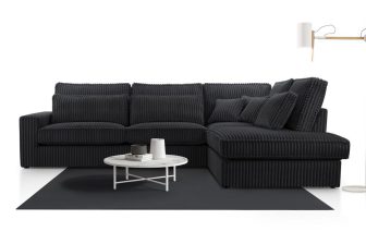 Bardzo wygodny narożnik w aksamitnym sztruksie z wielkimi poduchami