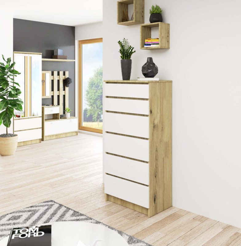 Wąska i wysoka komoda biała z sonomą