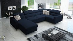 Duży narożnik U do salonu z zagłowkami z systemem rozkładania delfin