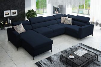 Duży narożnik U do salonu z zagłowkami z systemem rozkładania delfin