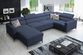 Duży narożnik U do salonu z zagłowkami z systemem rozkładania delfin