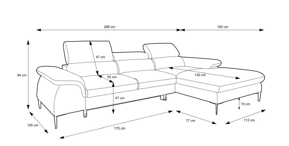 Ciemny narożnik w salonie z funkcją spania PREVIO M 5