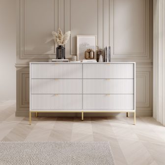 Komoda biała na 6 szuflad strukturalna ze złotymi nogami