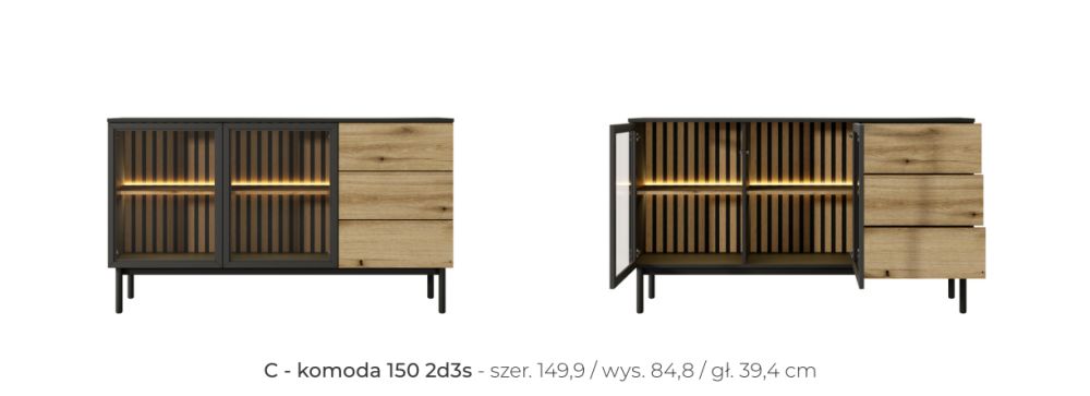 Komoda z szybami i oświetleniem 150cm LED CALGARY 3