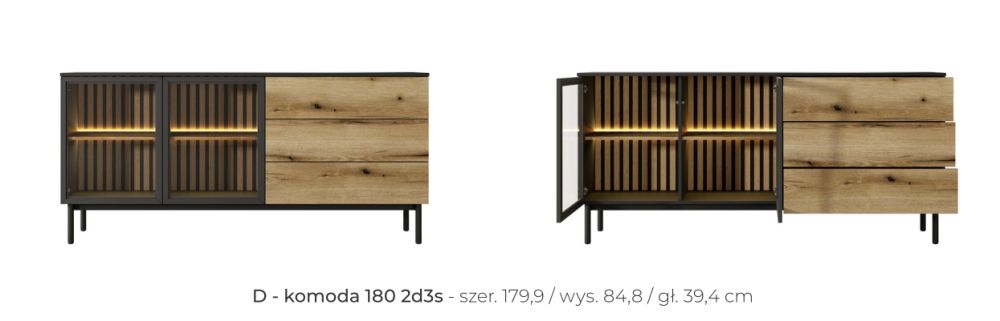 Komoda ze szkłem dąb evoke czarna z LED 180cm CALGARY 3