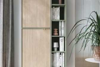 Regał dwudrzwiowy jodełka scandi eukaliptus na wysokich nogach