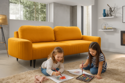 Miodowa sofa retro z funkcją spania